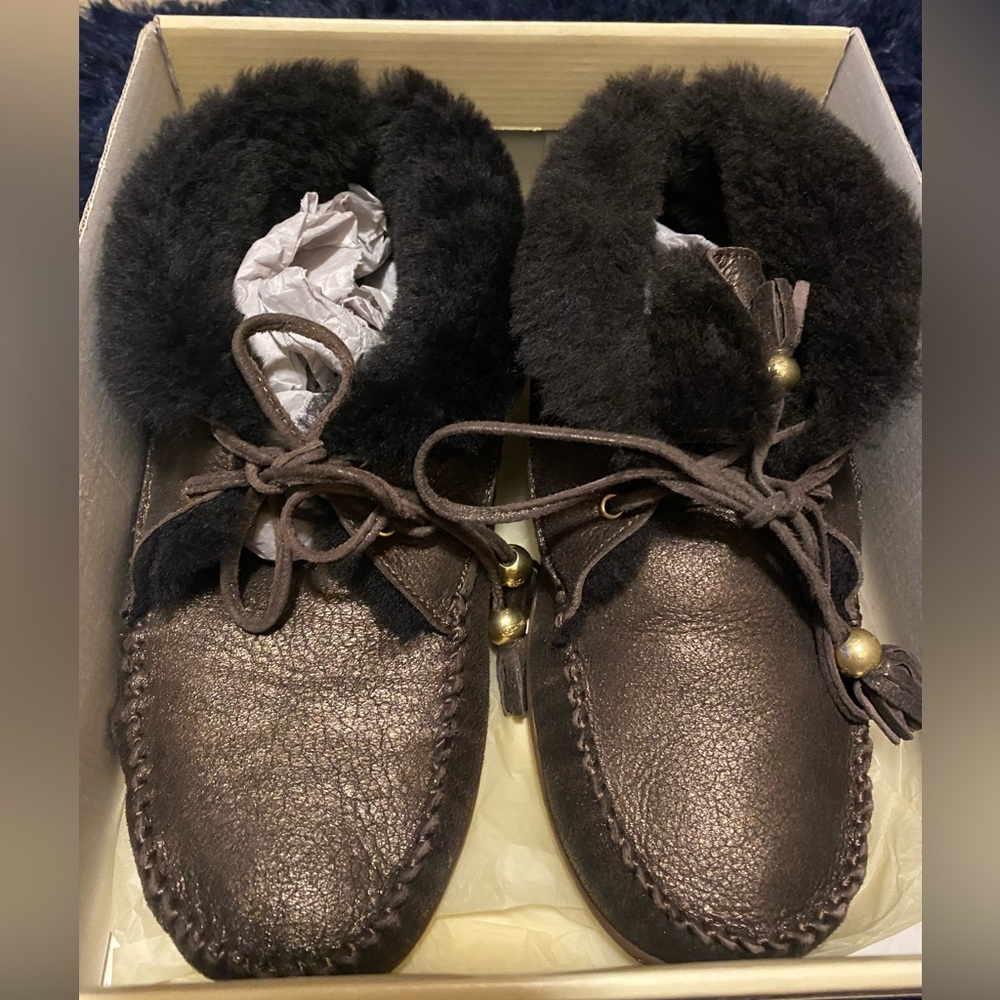 Coach leather shearling moccasins with laces